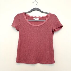 Pink ribbed crop top with lace neckline size S